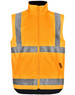 A high-visibility safety vest in bright orange with reflective silver stripes and a zip front. It includes pockets and a logo.