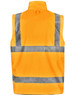 An orange safety jacket featuring grey reflective strips, with a logo on the back.