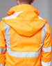 An orange safety jacket featuring reflective strips and a hood, with a branding logo on the back.