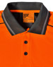 A bright orange polo shirt with a black collar and buttons, featuring a logo and vented details.