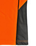 A close-up of an orange and charcoal polo shirt featuring a textured design and a logo.
