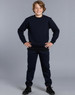 Kid's black fleecy trackpants with zip, cuffs, knee padding, and pockets, featuring a logo.