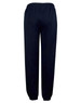 Fleecy navy trackpants with cuffs, knee padding, and an elastic waistband, featuring a logo.