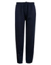 Fleecy track pants in navy blue, featuring a zip, cuffs, knee padding, and an elastic waistband.