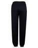 Black fleecy track pants with an elastic waistband, cuffs, and knee padding. Features a logo on the side.