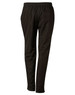 Black track pants featuring a relaxed fit and an elastic waistband, with a logo present on the fabric.