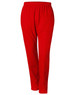 Red track pants with an elastic waistband, featuring a logo.
