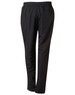 Black adult track pants with an elastic waistband and side pockets. Features a logo on the garment.