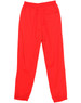 Red track pants with an elastic waistband and a single pocket on the back. Includes a branding logo.