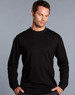 A black men's long sleeve crew neck T-shirt displayed on a model against a grey background. It has a subtle logo.
