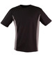 A black short sleeve t-shirt with grey contrast panels and a logo on the front.