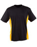 A black and yellow short sleeve contrast tee featuring a logo on the chest area.