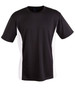 A short sleeve T-shirt in black with white contrast side panels. It features a logo on the front.