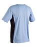 A short sleeve tee in light blue with black side panels, featuring a logo on the back.
