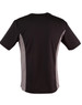 A black short sleeve t-shirt with grey contrast panels on the sides. It features a logo on the back.