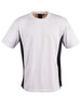 A short-sleeved children's t-shirt in white with black contrast panels and a logo at the neckline.