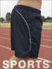 Mens athletic shorts in navy blue with a reflective stripe, featuring an elastic waistband and logo branding.