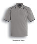 A sandstone polo shirt with navy accents featuring a collar and short sleeves, along with a logo.