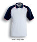 A three-tone polo shirt featuring white, navy, and red colours with a collar and short sleeves, also has a logo.