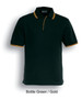 A bottle green polo shirt with gold double stripes, featuring a collar and a logo on the chest.