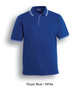 A royal blue polo shirt with white double stripes on the collar and sleeves, featuring a logo.