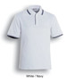 A white unisex polo shirt with navy double stripes on the collar and sleeves, featuring a logo.
