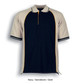 A polo shirt featuring a navy body with sandstone and gold detailing, complete with a logo.