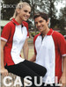 A red and white polo shirt featuring a logo, worn by a male and female model outdoors.