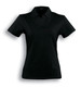 A black ladies' cotton spandex polo shirt with a collar and short sleeves, featuring a brand logo.