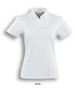 A white ladies' polo shirt made of cotton and spandex, featuring a collar and short sleeves. It has a logo.
