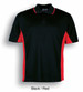 A black and red polo shirt with a collar, short sleeves, and a panel design, featuring a logo.