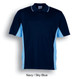 A navy and sky blue polo shirt with a collar, featuring a logo on the chest.