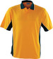 A yellow and dark green polo shirt with a collar and a logo. Features contrasting trim and short sleeves.