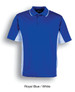 A royal blue and white polo shirt with short sleeves and a logo on the chest.
