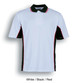 A polo shirt featuring a white front, black sleeves, and red side details, with a logo on the front.