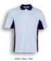 A polo shirt in white with navy and red side panels, featuring a collar and short sleeves. It has a logo.