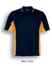 A navy and gold polo shirt featuring short sleeves and a collar, with a logo on the chest.