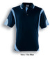 A navy and sky blue unisex polo shirt with contrasting side panels and a collar. Features a logo on the front.