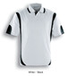 A white polo shirt featuring black contrast detailing and a logo. Short sleeves with a classic collar.