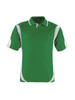 A green unisex polo shirt with white contrast detailing and a logo on the chest.