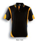 A black and gold polo shirt featuring contrasting sleeves and a collar. It includes a logo.