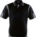 A black polo shirt with grey contrast detailing and a logo on the chest. Suitable for kids.