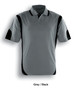 A grey and black polo shirt featuring contrasting side panels and a logo. Short sleeves and a classic collar design.