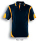 A navy polo shirt with gold contrast detailing and a logo on the chest.