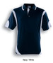 A navy and white polo shirt featuring short sleeves and a contrasting design, with a logo on the collar.