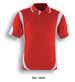 A red and white polo shirt featuring contrasting panels and a collar. It includes a logo.
