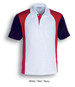 A unisex polo shirt in white, red, and navy, featuring a logo and a three-tone design.
