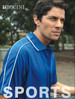 A blue striped polo shirt with contrasting white detailing, featuring a logo on the left chest.