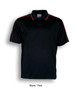 A black polo shirt featuring red accents and a collar, with a logo on the chest.