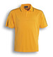 A yellow polo shirt with black stripes on the sleeves and a collar. It features a logo on the front.
